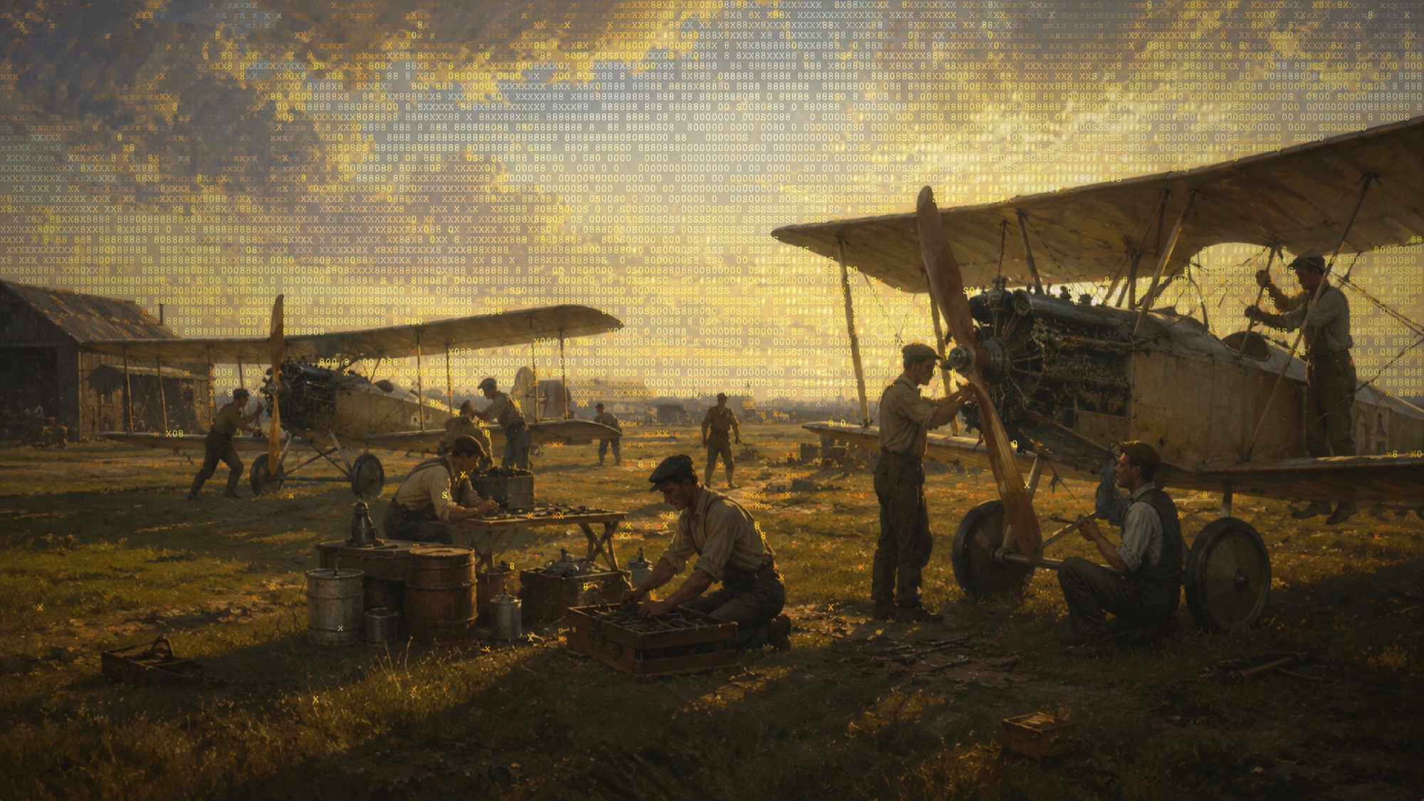 An airfield ground crew at work, each person absorbed in a different task