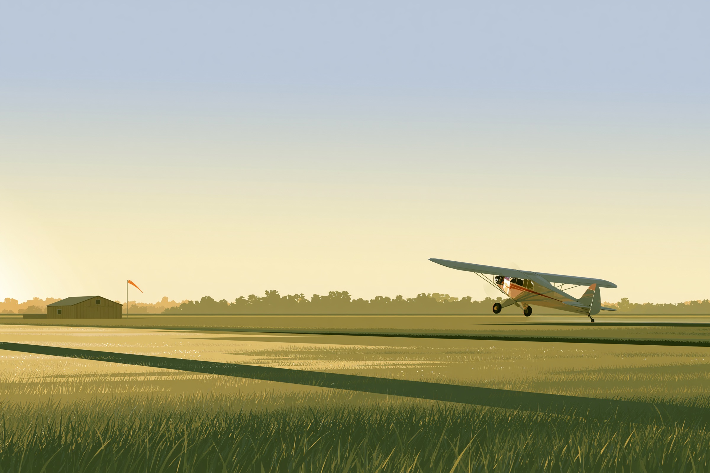 A grass airstrip at sunrise: a small plane just lifting off, a hangar and a windsock in the distance